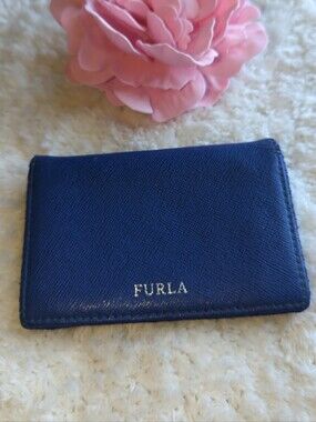 Furla Cobalt Blue Saffiano Card Case Compact Wallet Furla Logo Lining Minimalist